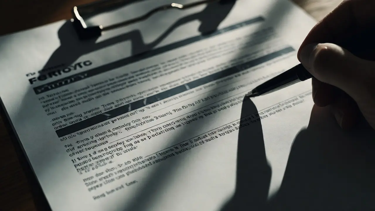 Close-up of legal review of forensic report during cross-examination