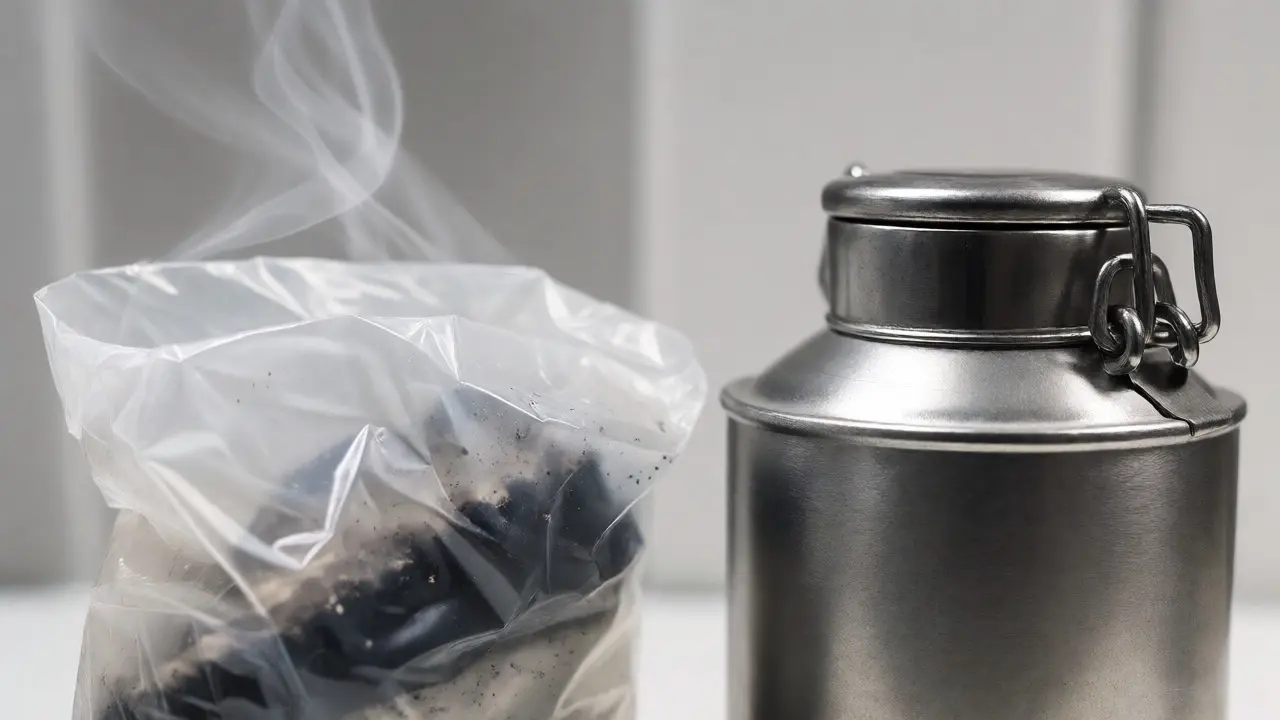Comparison showing vapor escaping from a plastic bag versus being contained in a sealed metal can.