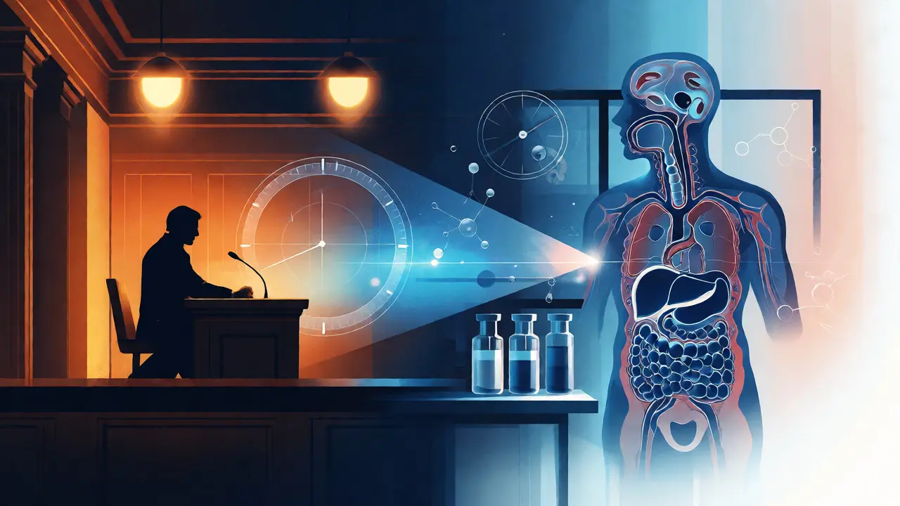 Conceptual art linking autopsy findings and toxicology results to courtroom testimony.