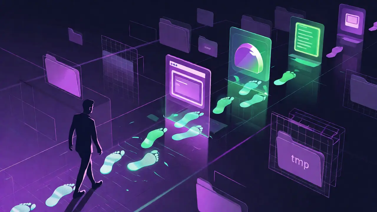 Conceptual art of a person leaving a trail of digital icons representing cookies, cache, and app data.