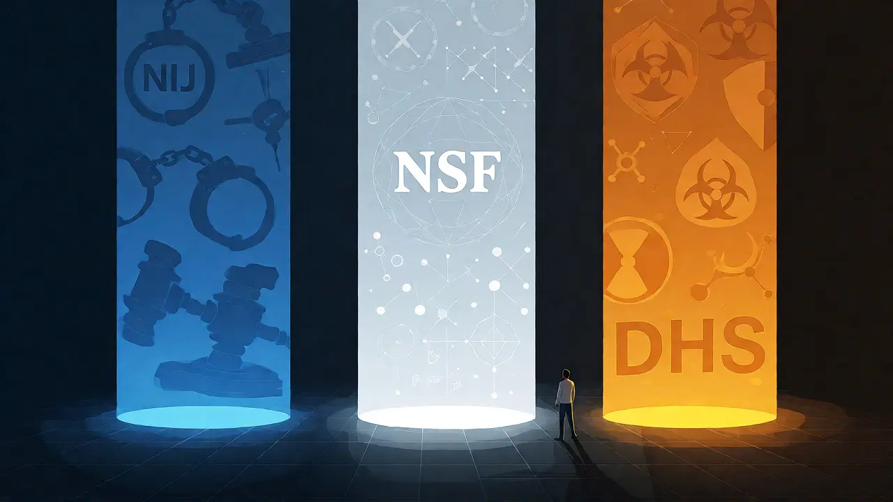 Conceptual art showing three pillars of light representing funding agencies.