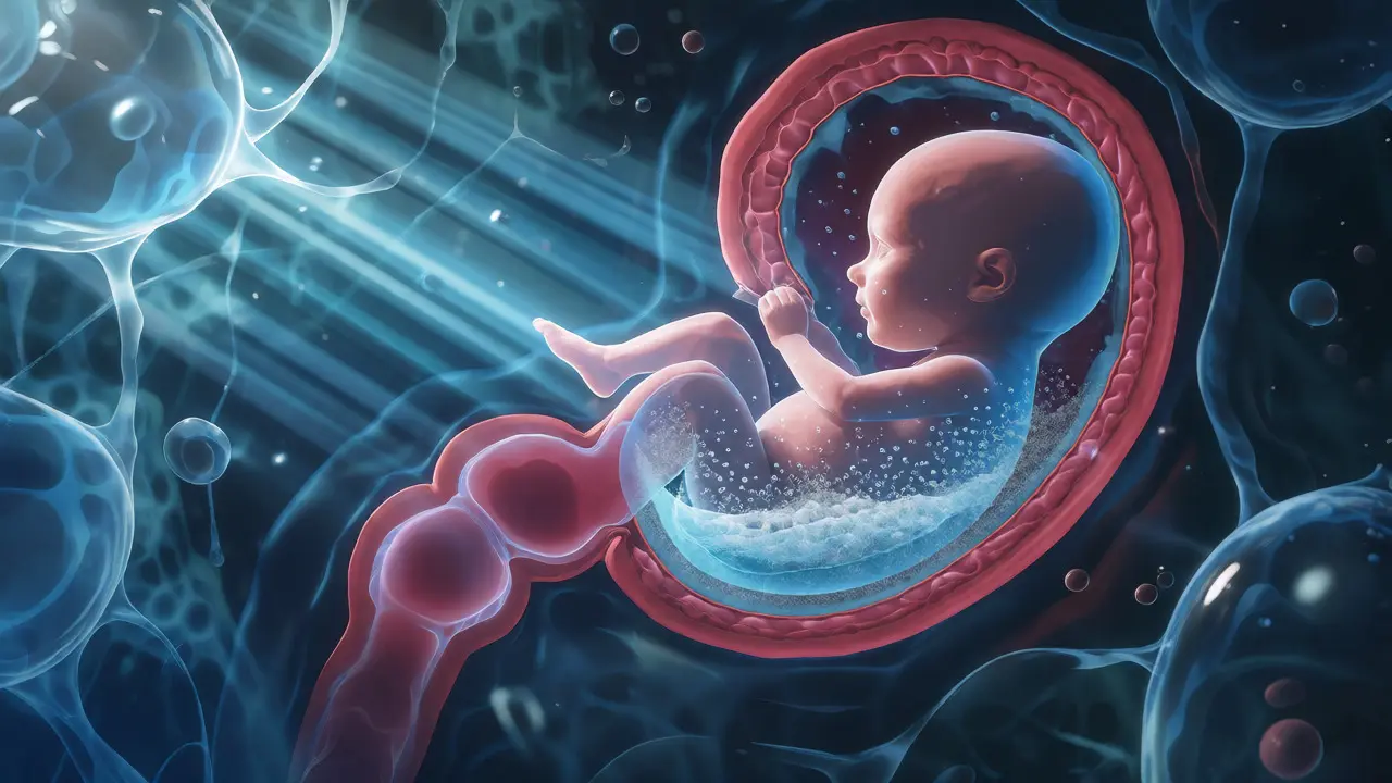 Conceptual view of drug particles accumulating in a fetal gut