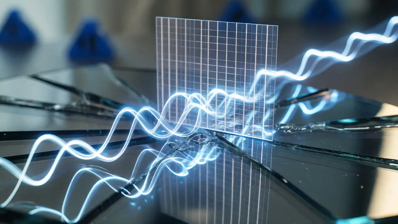 Conceptual visualization of light waves being filtered by a polarizer on reflective glass.