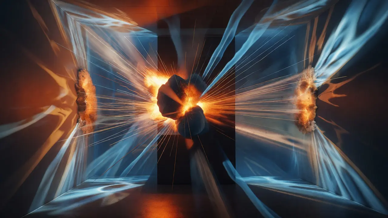 Conceptual visualization of radial blast patterns and debris trajectories