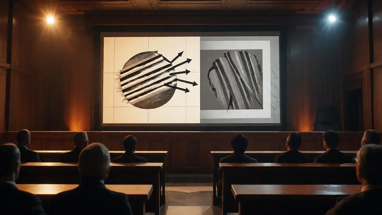 Courtroom projection comparing clear ballistic diagrams vs messy photos