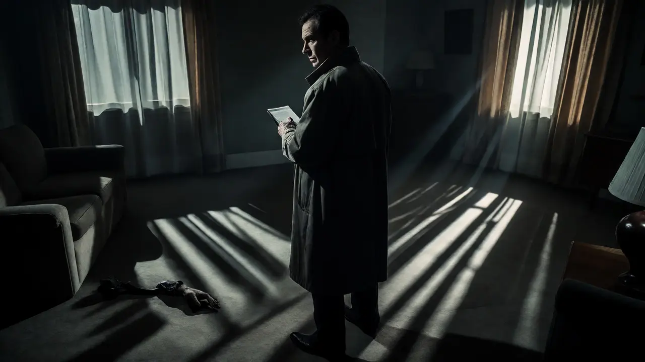 Detective observing a suspiciously clean and manipulated crime scene with dramatic noir lighting.