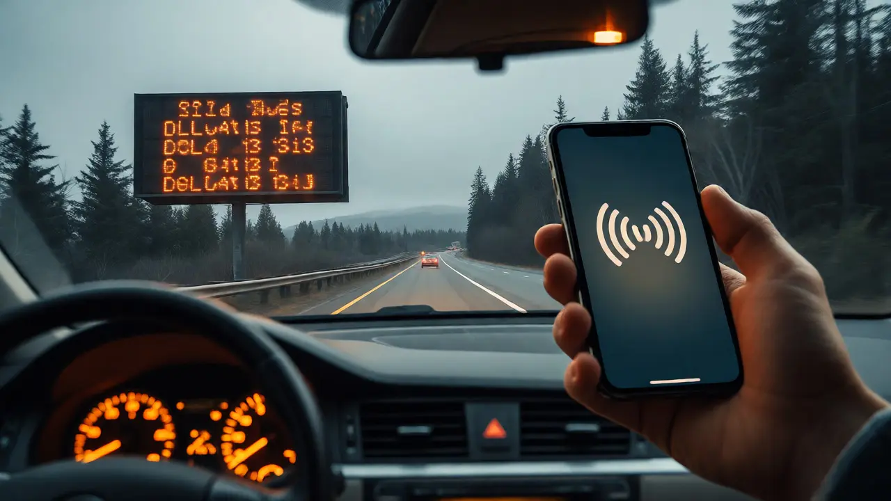 Driver viewing highway signs and phone alerts for missing senior
