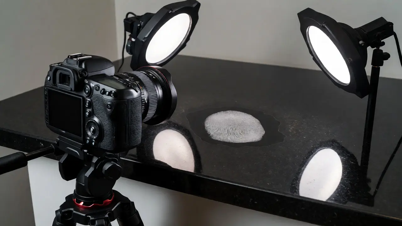 DSLR camera setup using cross-polarization lights to photograph a fingerprint on a glossy surface.