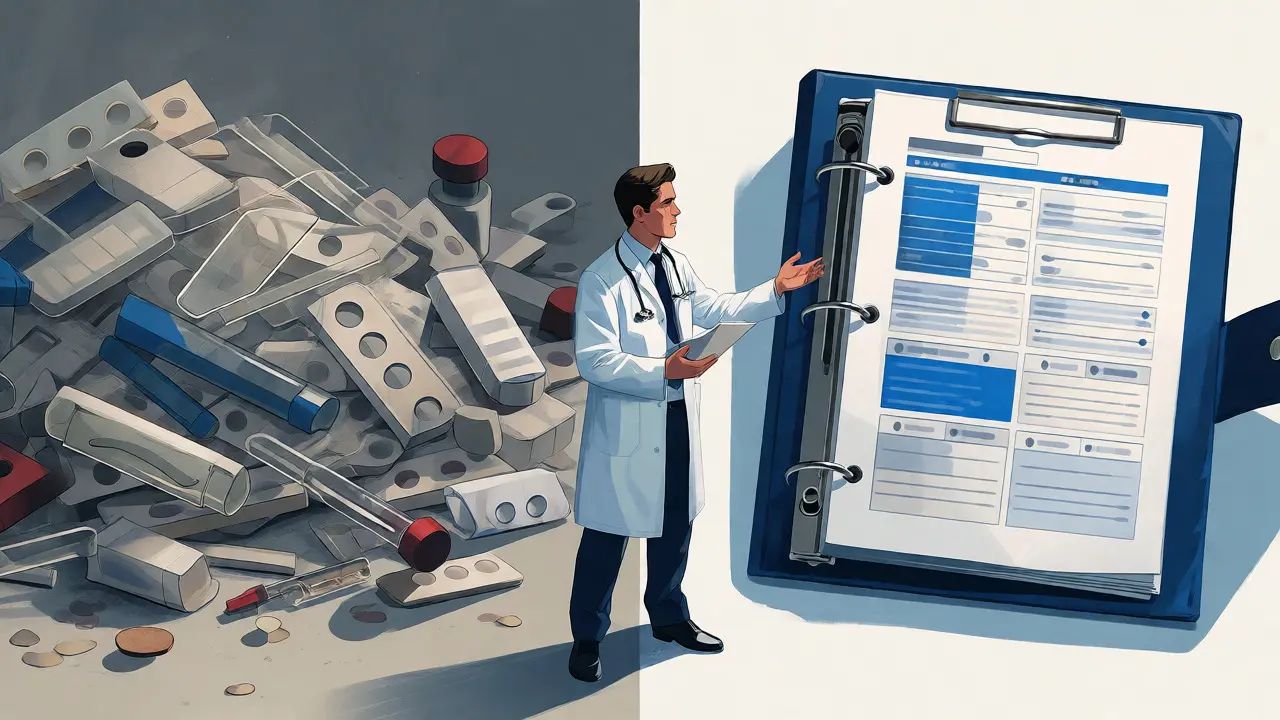 Expert contrasting chaotic lab samples with an organized forensic binder