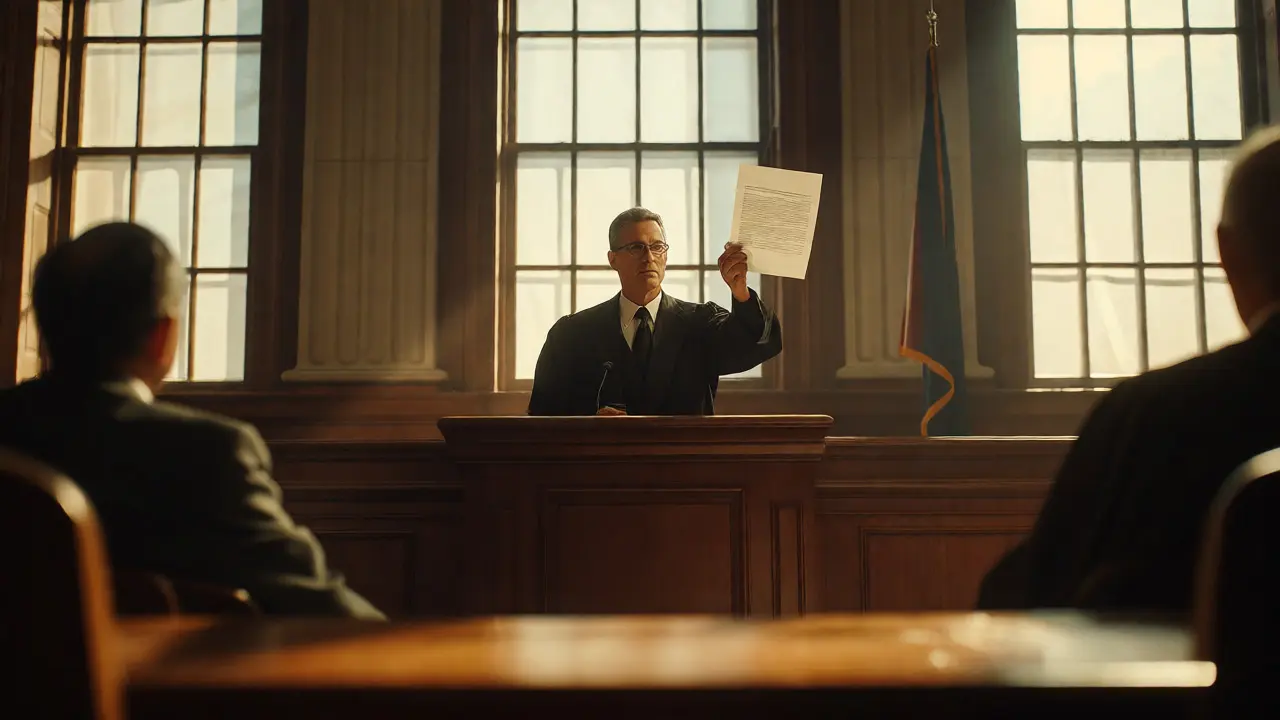 Expert witness presenting a forensic report in a sunlit courtroom