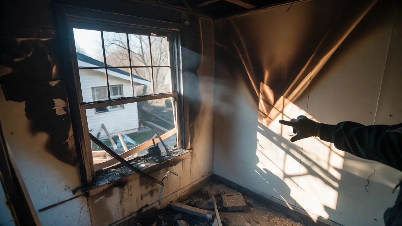 Fire investigator examining V-pattern burns and window damage in a sunlit, destroyed living room.