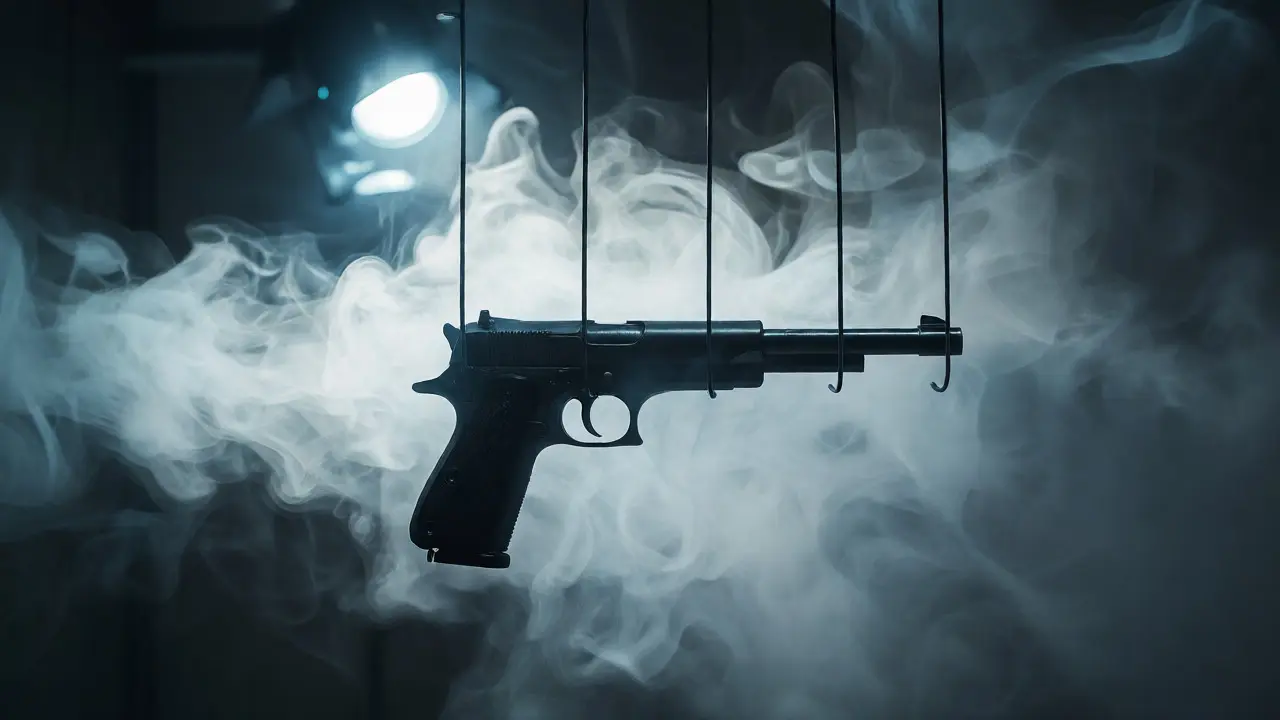 Firearm inside a fuming chamber with white vapor