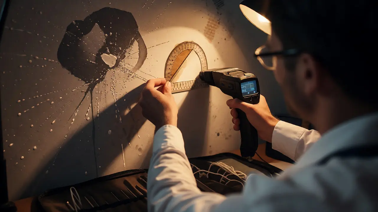 Forensic analyst measuring bloodstain angles on a wall with a protractor