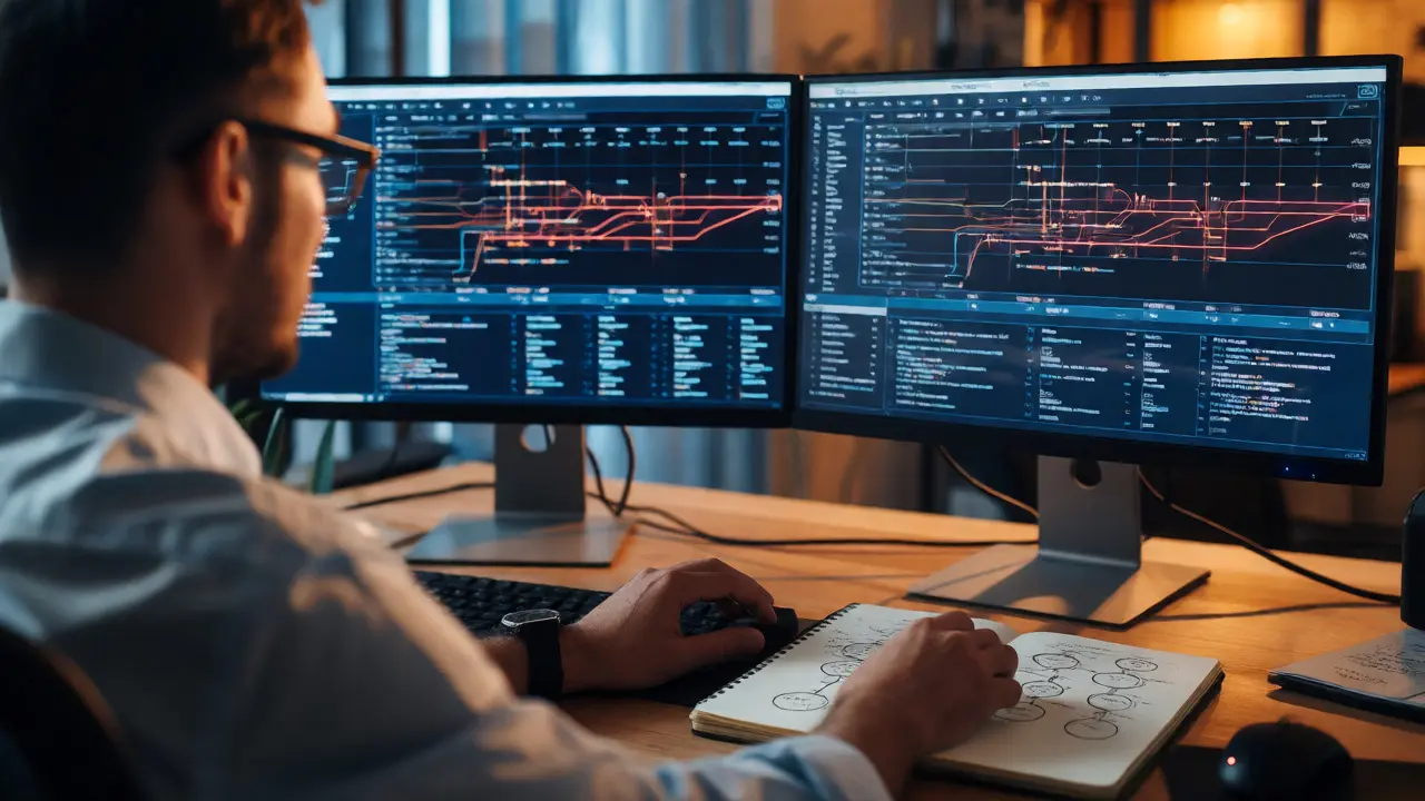 Forensic examiner analyzing abstract data timelines on multiple computer monitors.