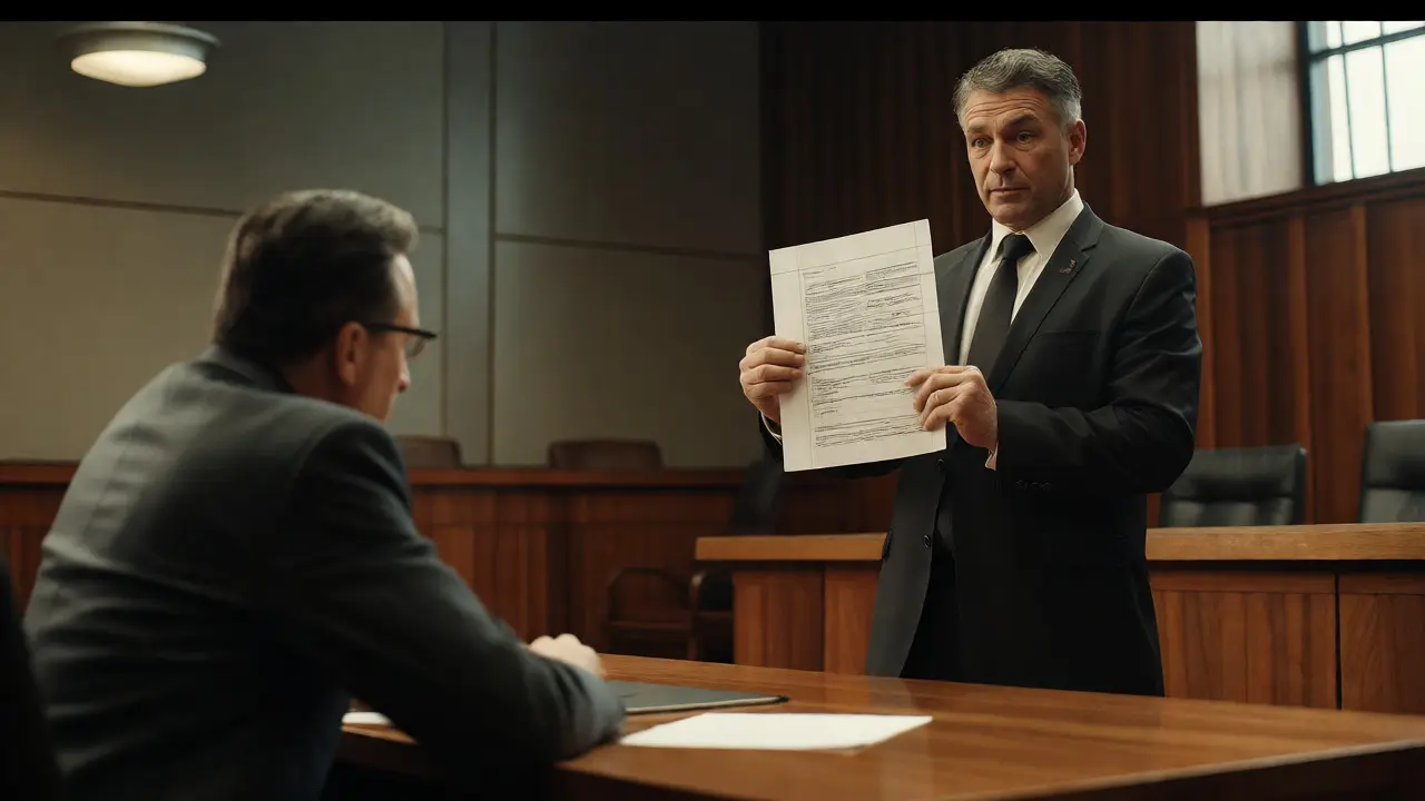 Forensic expert presenting original bench notes during courtroom cross-examination.