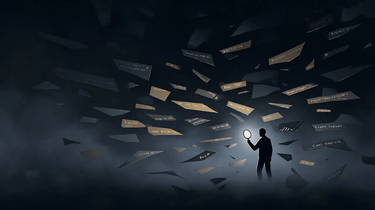 Forensic investigator analyzing floating digital artifacts in a dark void