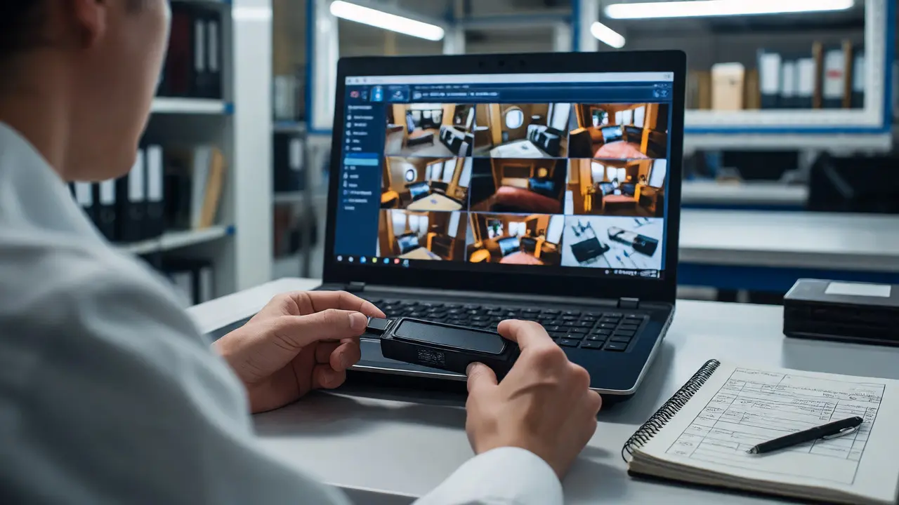 Forensic investigator backing up crime scene photos to a hard drive in a lab.