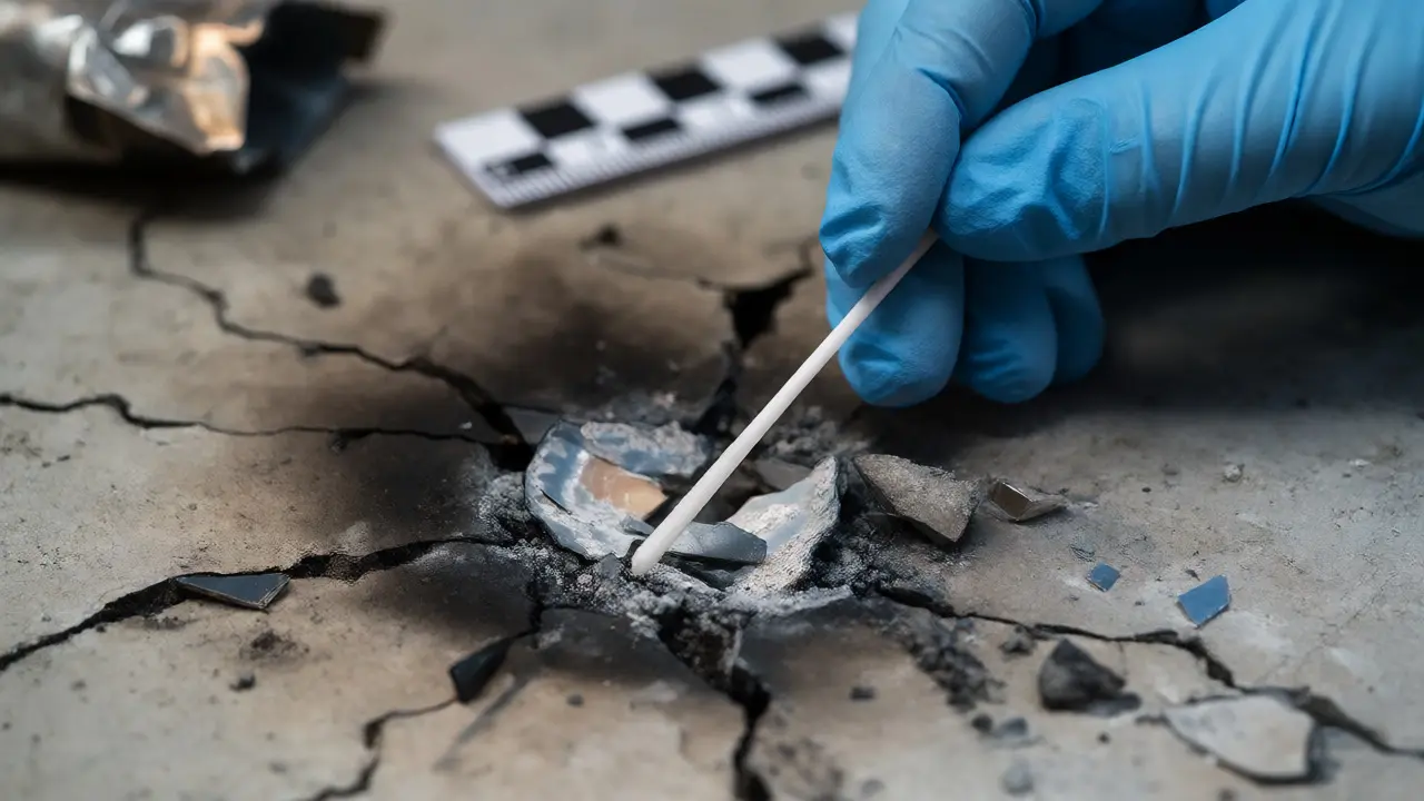 Forensic investigator collecting residue samples from a blast-damaged wall
