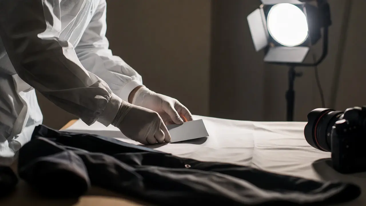 Forensic investigator using gray card for white balance on evidence