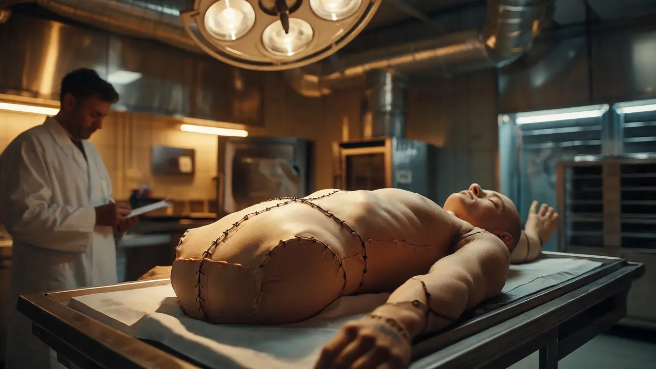 Forensic pathologist standing near a reassembled body in a morgue setting.