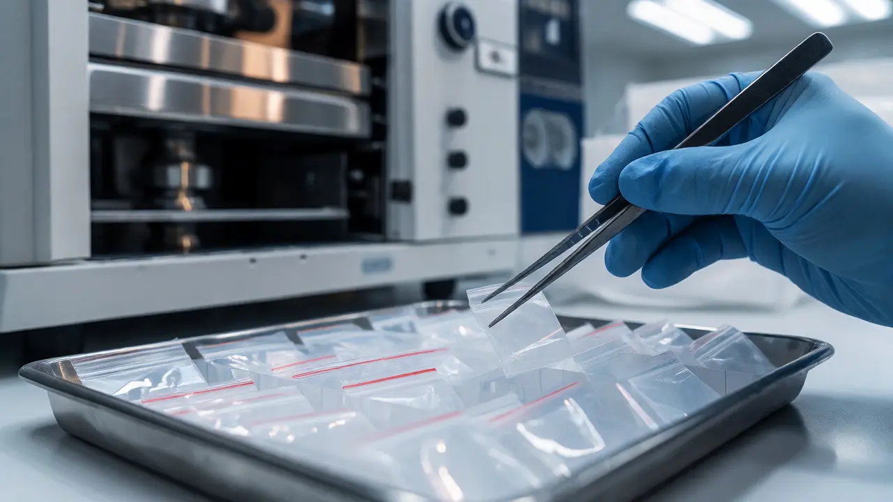 Forensic scientist selecting a sample for GC-MS analysis