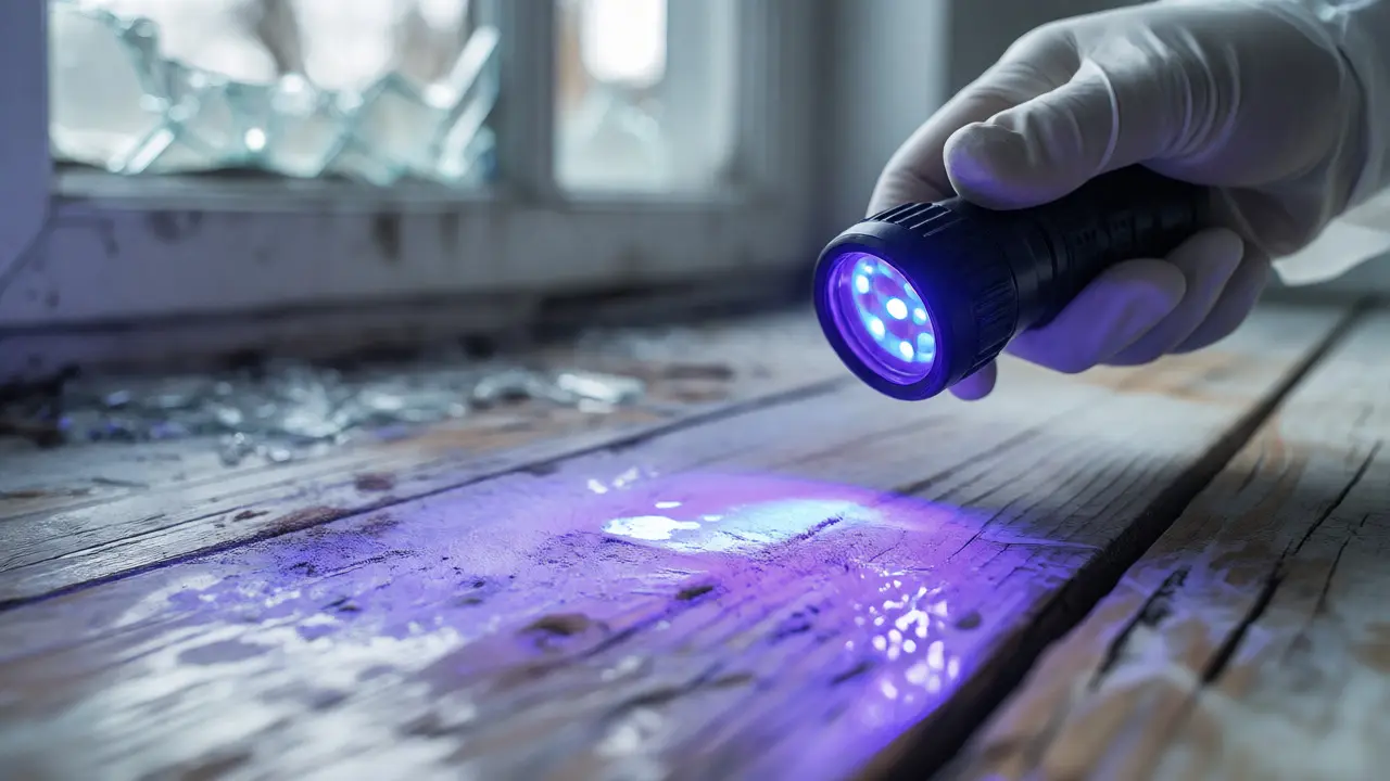 Forensic UV light revealing bleach traces and outward-falling glass indicating a staged break-in.