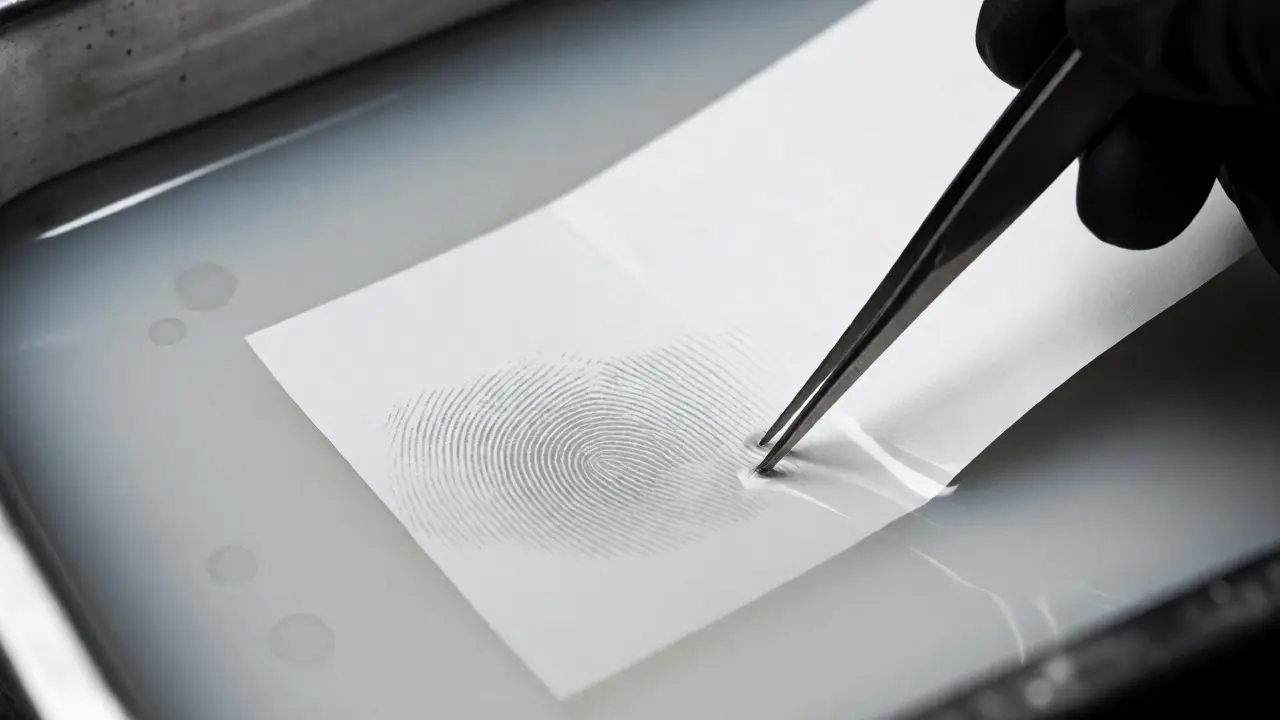 Gloved hand lifting paper from silver developer solution revealing faint fingerprints