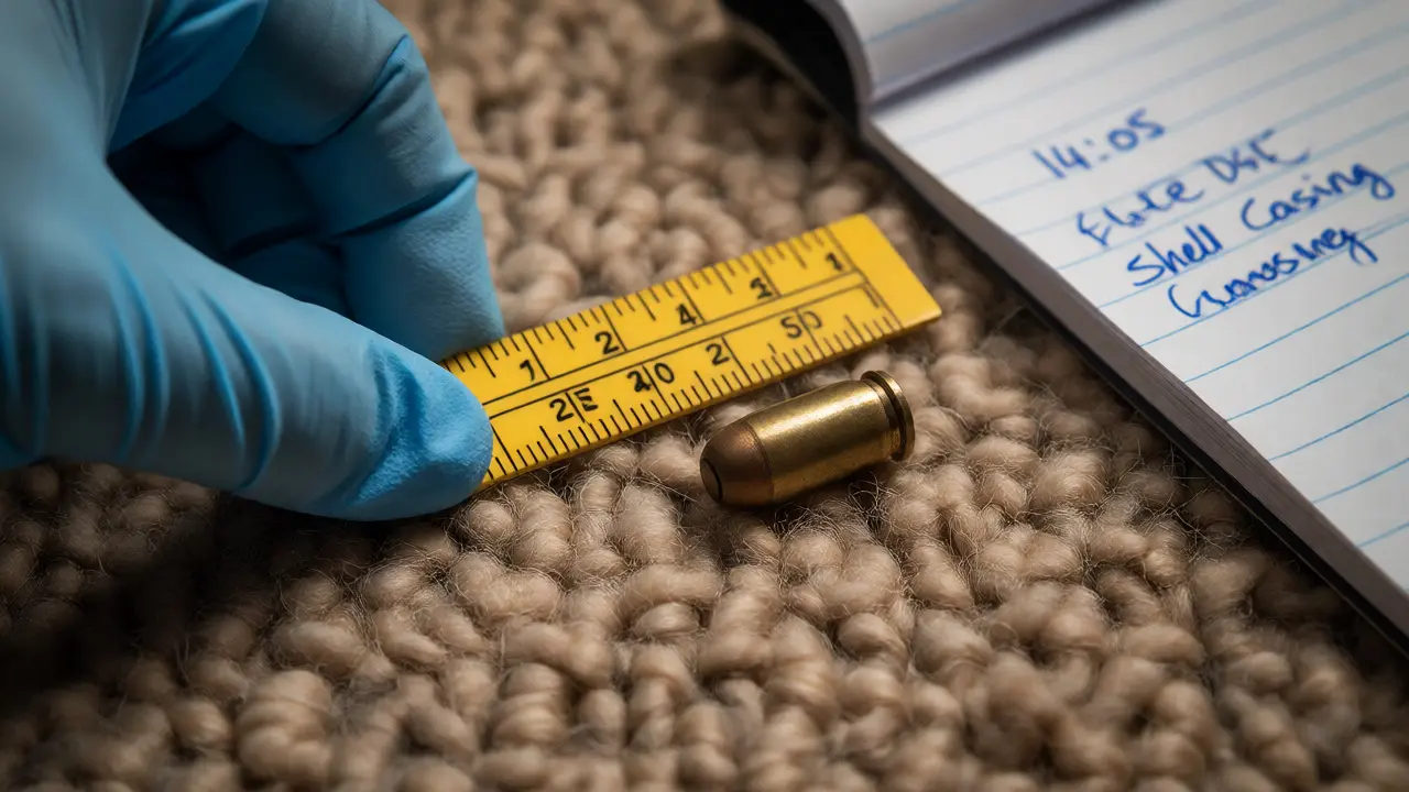 Gloved hand placing a scale ruler next to a shell casing for evidence