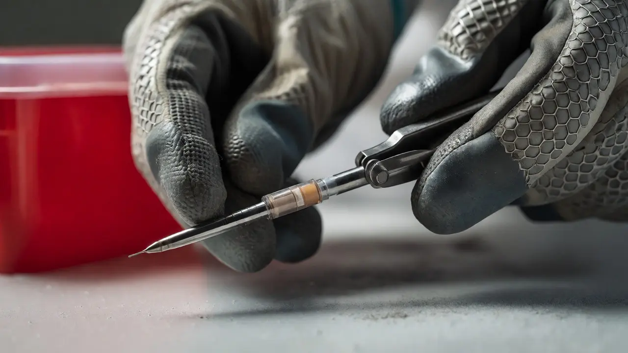 Gloved hands using tongs to safely pick up a hypodermic needle near a red container