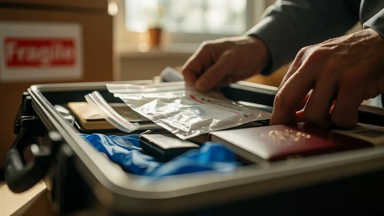 Hands packing forensic tools and personal items for moving