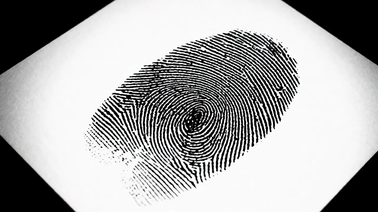 High-contrast black fingerprint developed on white paper
