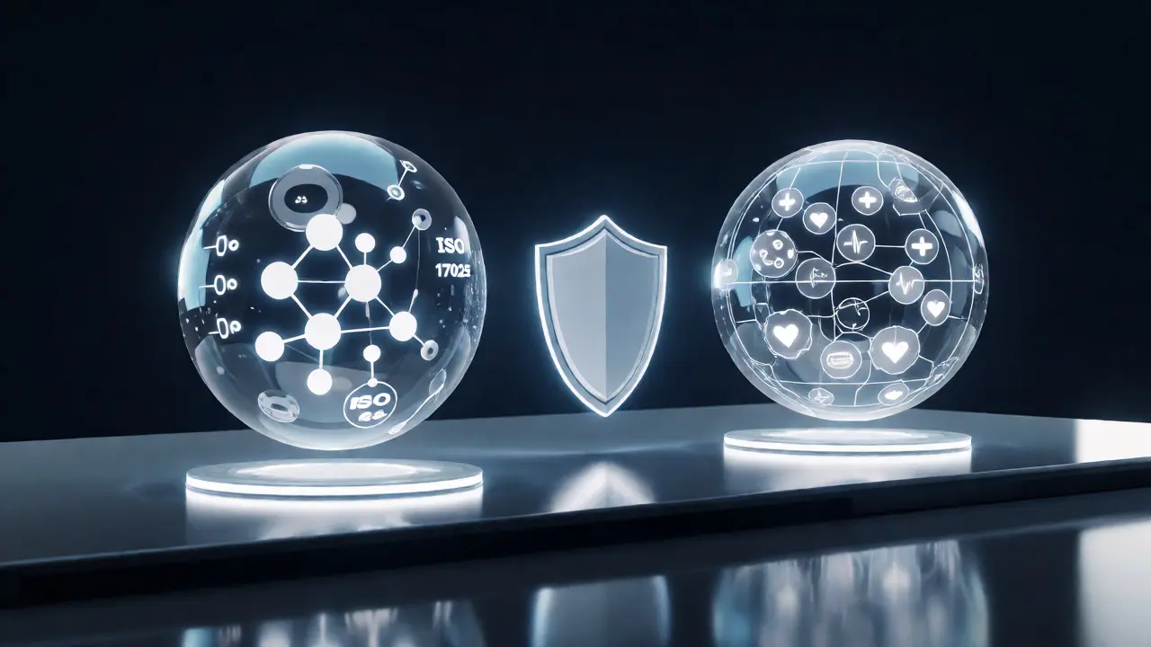 Holographic visualization comparing ISO 17025 and ISO 15189 standards