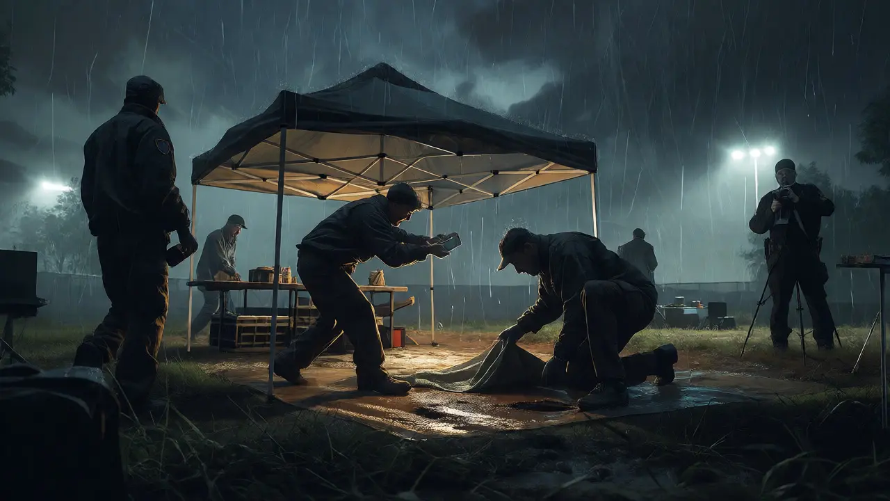 Investigation team protecting outdoor evidence from rain under a shelter at night.