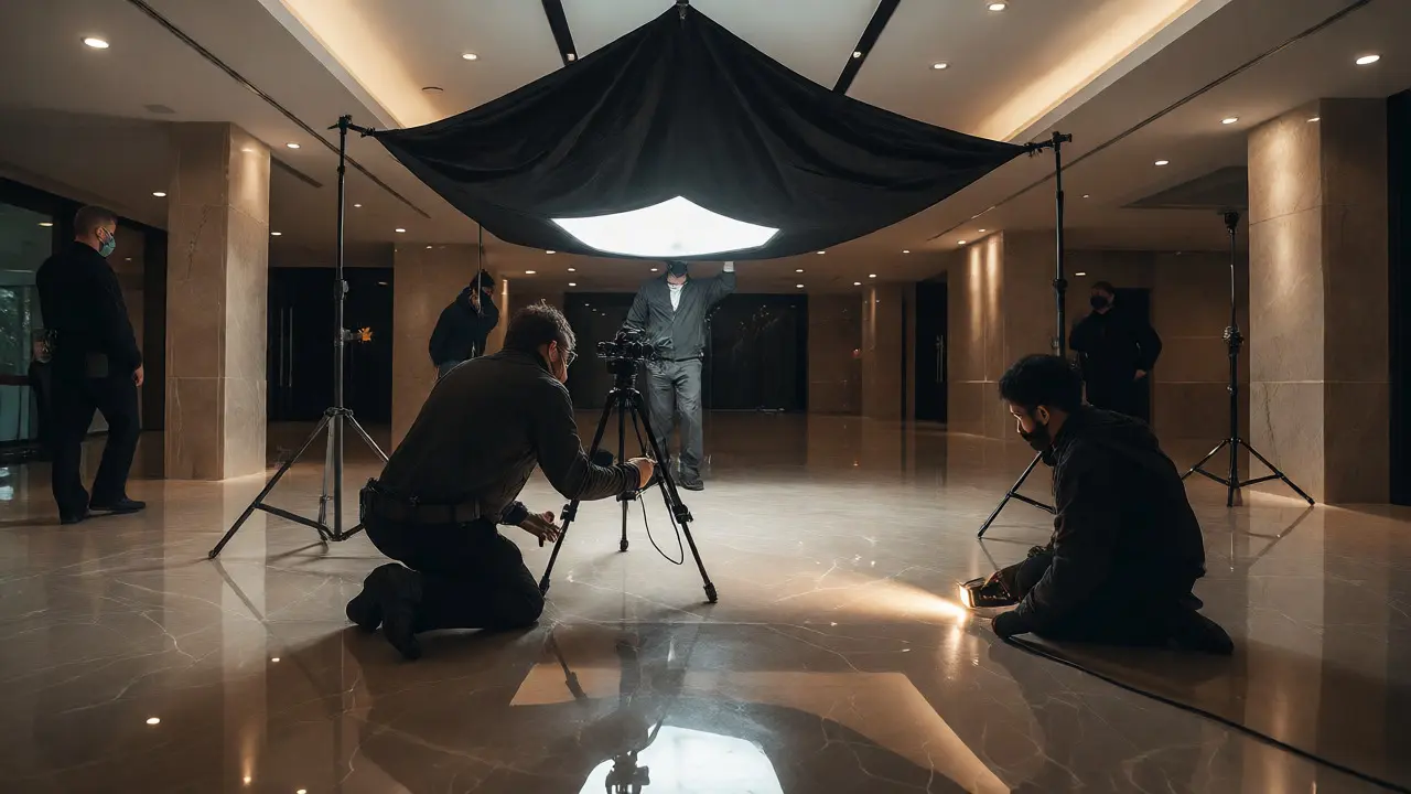 Investigators documenting tool marks on marble floor using controlled oblique lighting