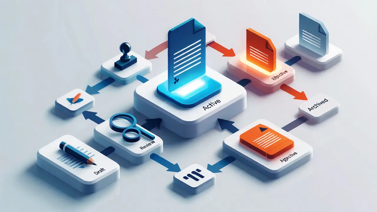 Isometric illustration of document lifecycle from draft to archived status