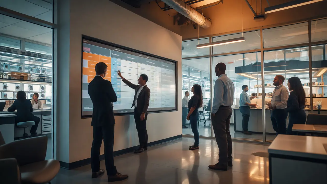 Lab team reviewing role-based access controls on a digital wall display
