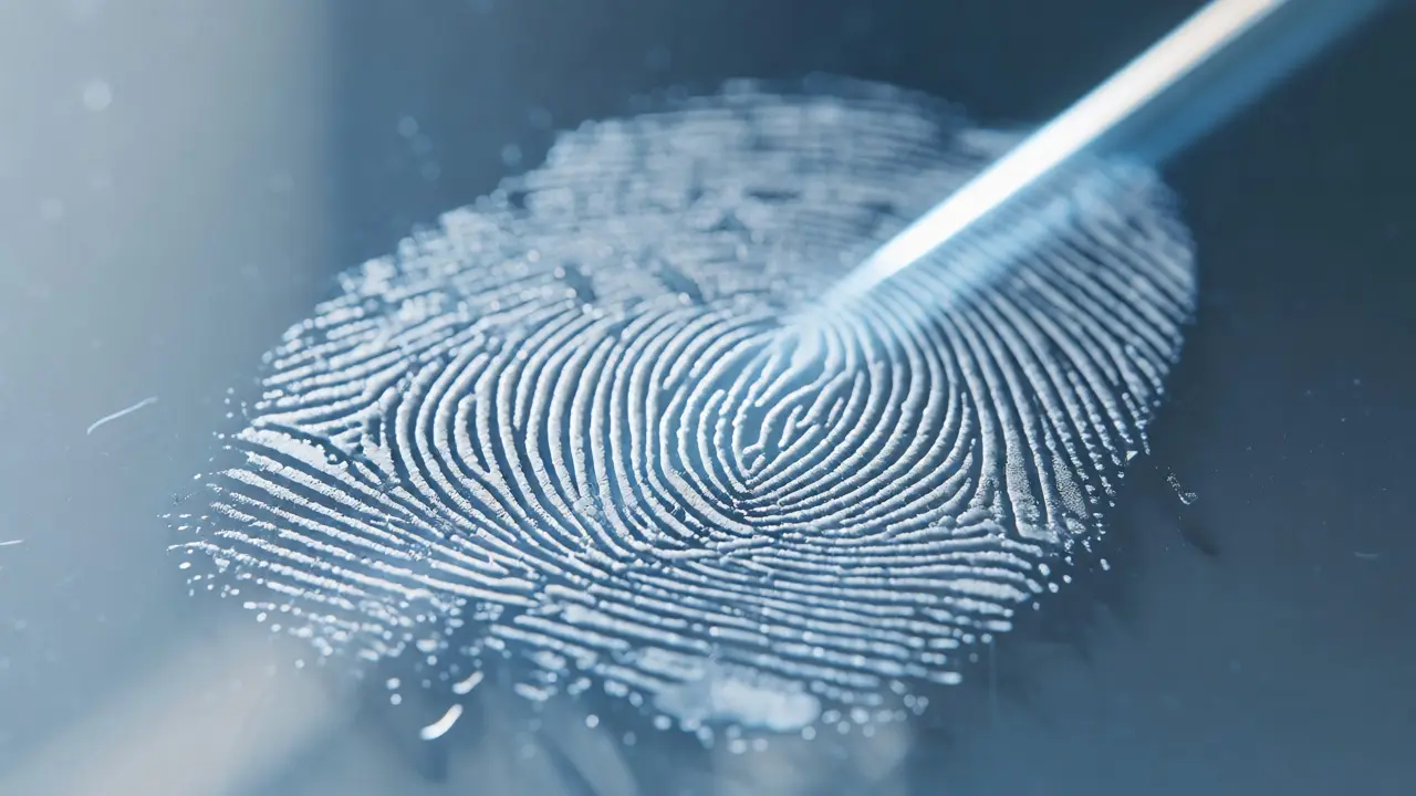 Latent fingerprint on glass illuminated by side light showing ridge shadows