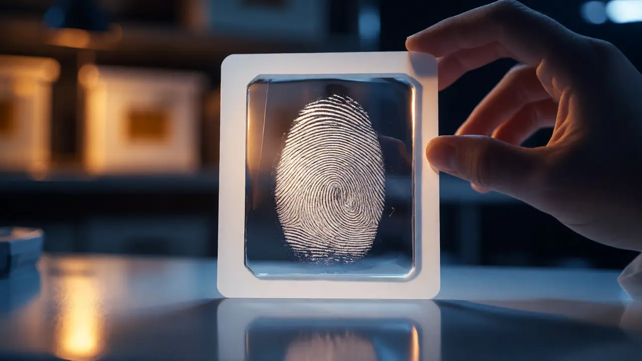 Lifted ink fingerprint on a white backing card illuminated against a dark lab background.