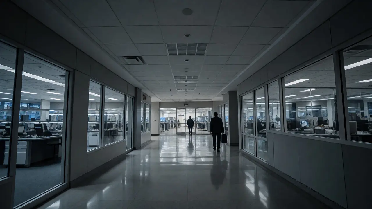 Lone professional walking through secure federal laboratory corridor