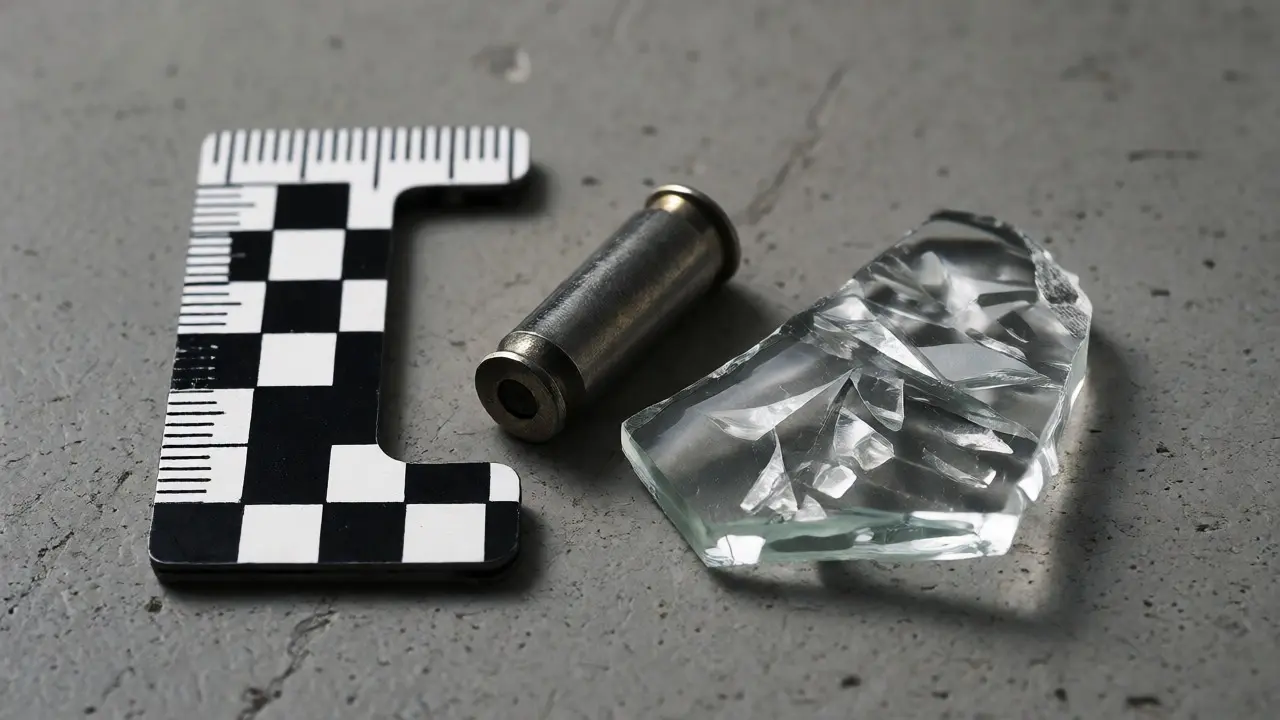 Macro shot of bullet casing and glass shards next to an L-shaped scale ruler.