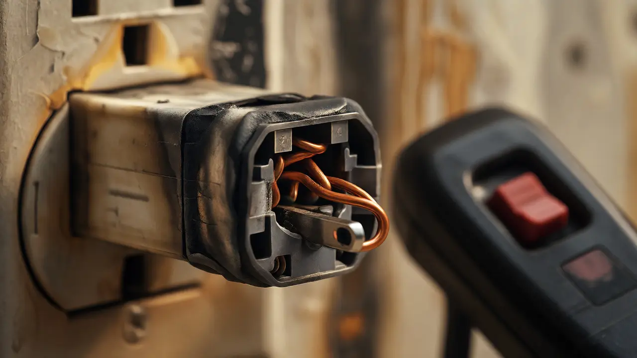 Macro shot of melted charger and intact heater showing ruled-out hypotheses.