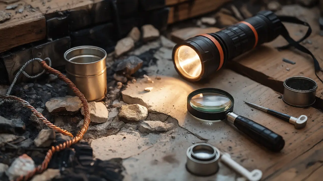 Macro view of forensic tools and electrical evidence on a charred subfloor during fire investigation.