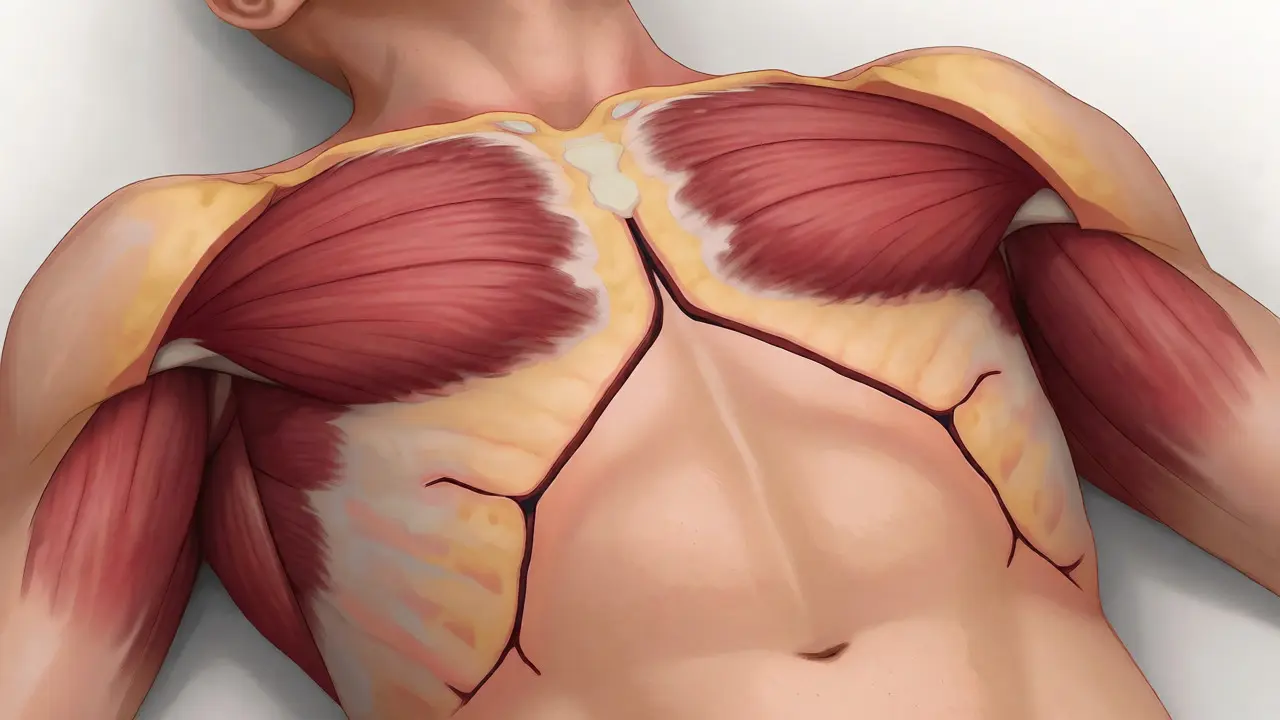 Medical diagram showing a Y-shaped incision on a torso with skin flaps reflected.