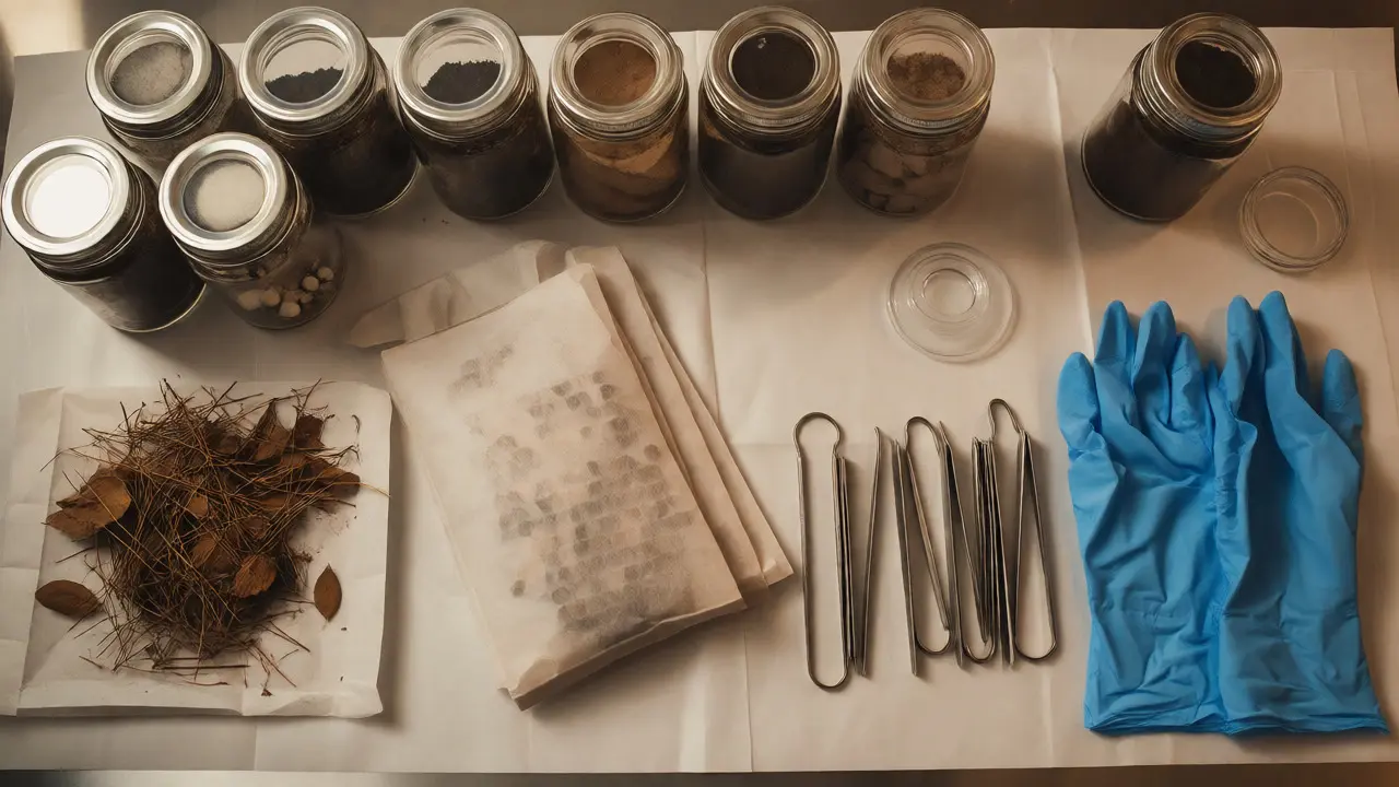 Organized soil jars and paper envelopes on a lab table
