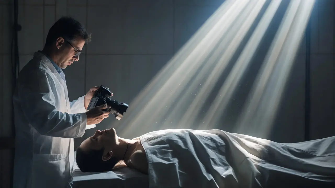 Pathologist photographing a neck ligature mark in a dramatic morgue setting.