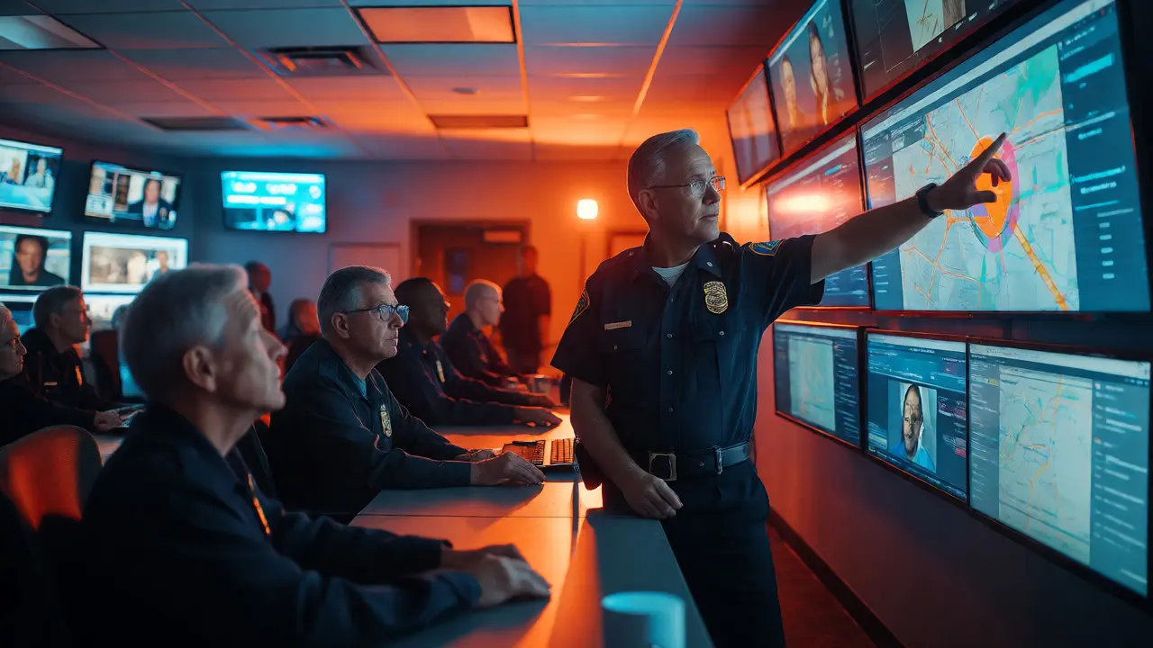 Police officers monitoring screens during a missing person alert