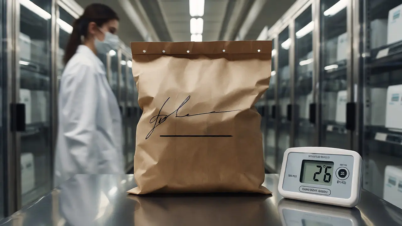 Sealed paper evidence bag on a lab table next to a thermometer indicating cold storage