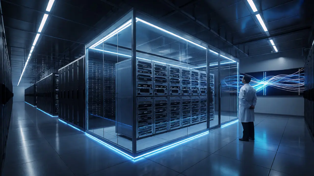 Secure data center aisle with servers and monitoring displays