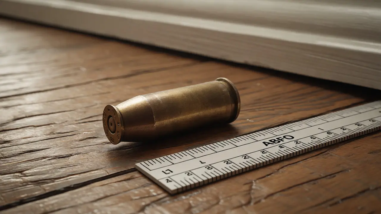 Shell casing with ABFO scale ruler on wooden floor for size reference