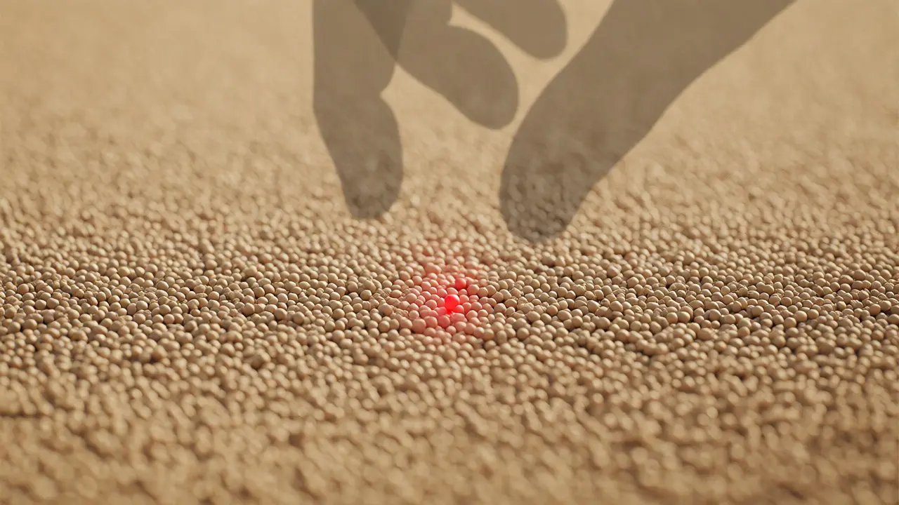Single red grain among billions of sand grains in a stadium illustrating rare probability.